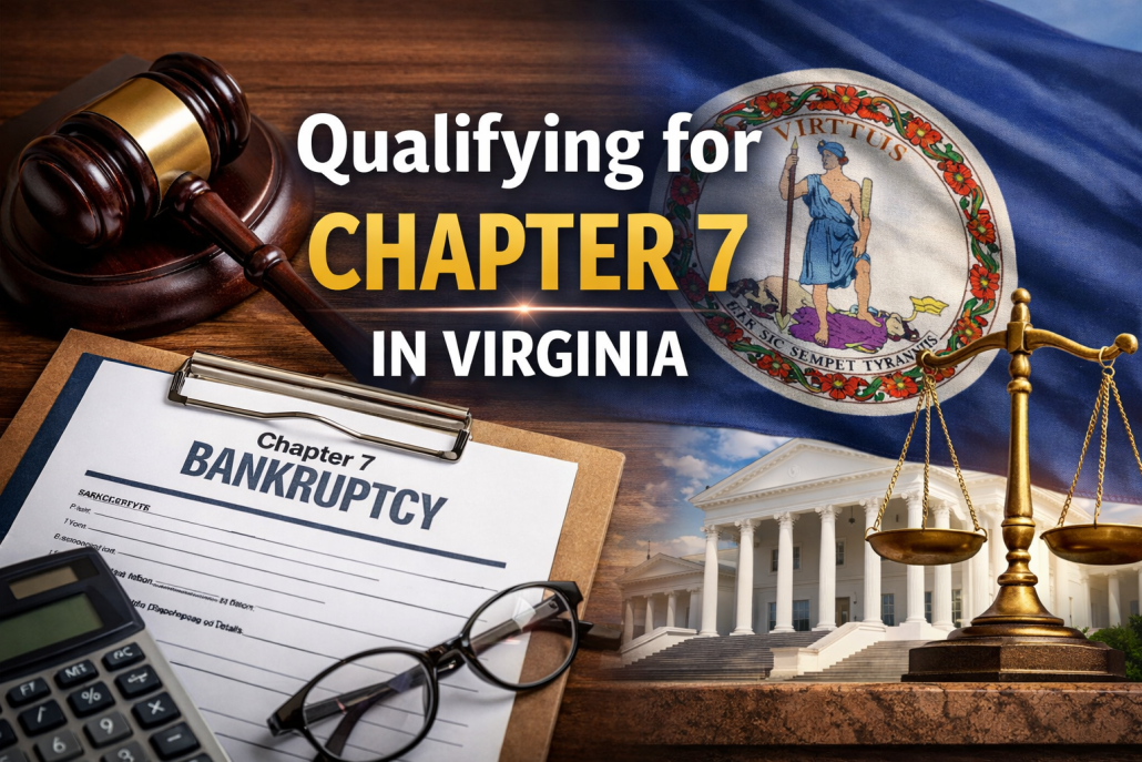Horizontal blog image showing a gavel, Chapter 7 bankruptcy paperwork, calculator, and scales of justice alongside the Virginia flag and state capitol, representing qualifying for Chapter 7 bankruptcy in Virginia.