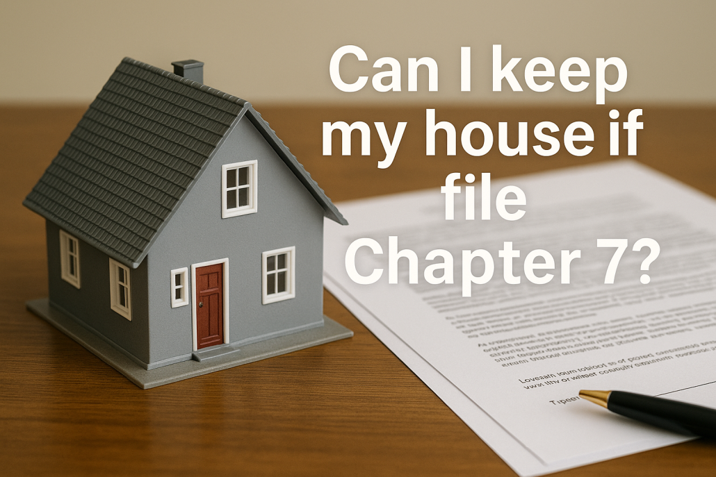 Small model house and legal documents with the text “Can I keep my house if I file Chapter 7?” in bold white font.