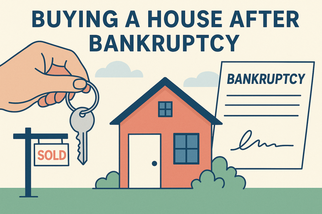 Simple illustration of a hand holding a key in front of a house with a 'Sold' sign and a bankruptcy document, symbolizing buying a home after bankruptcy.