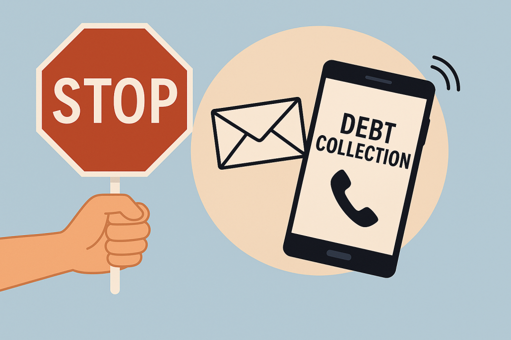 Simple illustration of a hand holding a red stop sign next to a smartphone displaying a 'Debt Collection' alert and an envelope, symbolizing stopping creditor harassment.