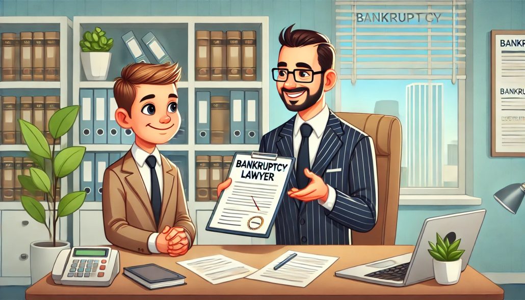 Cartoonish illustration of a bankruptcy lawyer consulting with a client in a modern office. The lawyer is smiling and explaining financial options while the client listens attentively. The scene conveys an approachable and supportive atmosphere, suitable for a bankruptcy law firm website.