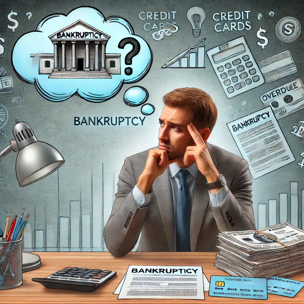 A worried individual sits at a desk, surrounded by overdue bills, credit cards, and financial notices. A thought bubble above their head contains a question mark and symbols representing bankruptcy, such as a courthouse and legal documents. The background includes a calculator and a budget sheet, emphasizing financial stress but also hinting at possible solutions.
