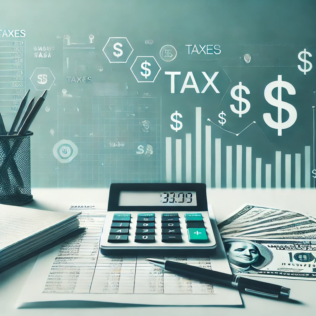 A professional website banner image featuring a calculator, tax forms, and subtle financial elements like dollar signs and bar charts, with a modern blue and green color scheme.