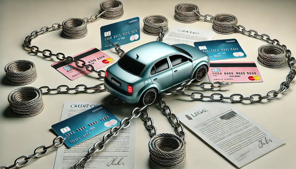 A conceptual image of a car bound by chains to credit cards and loan documents, symbolizing financial entrapment through cross-collateralization.