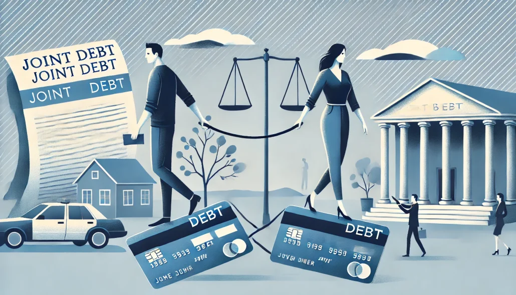 What Happens to Joint Debts in Bankruptcy? 3 A conceptual illustration of joint debt and bankruptcy, showing two individuals connected by financial documents or credit cards. One person is walking toward a courthouse, symbolizing bankruptcy, while the other looks concerned.