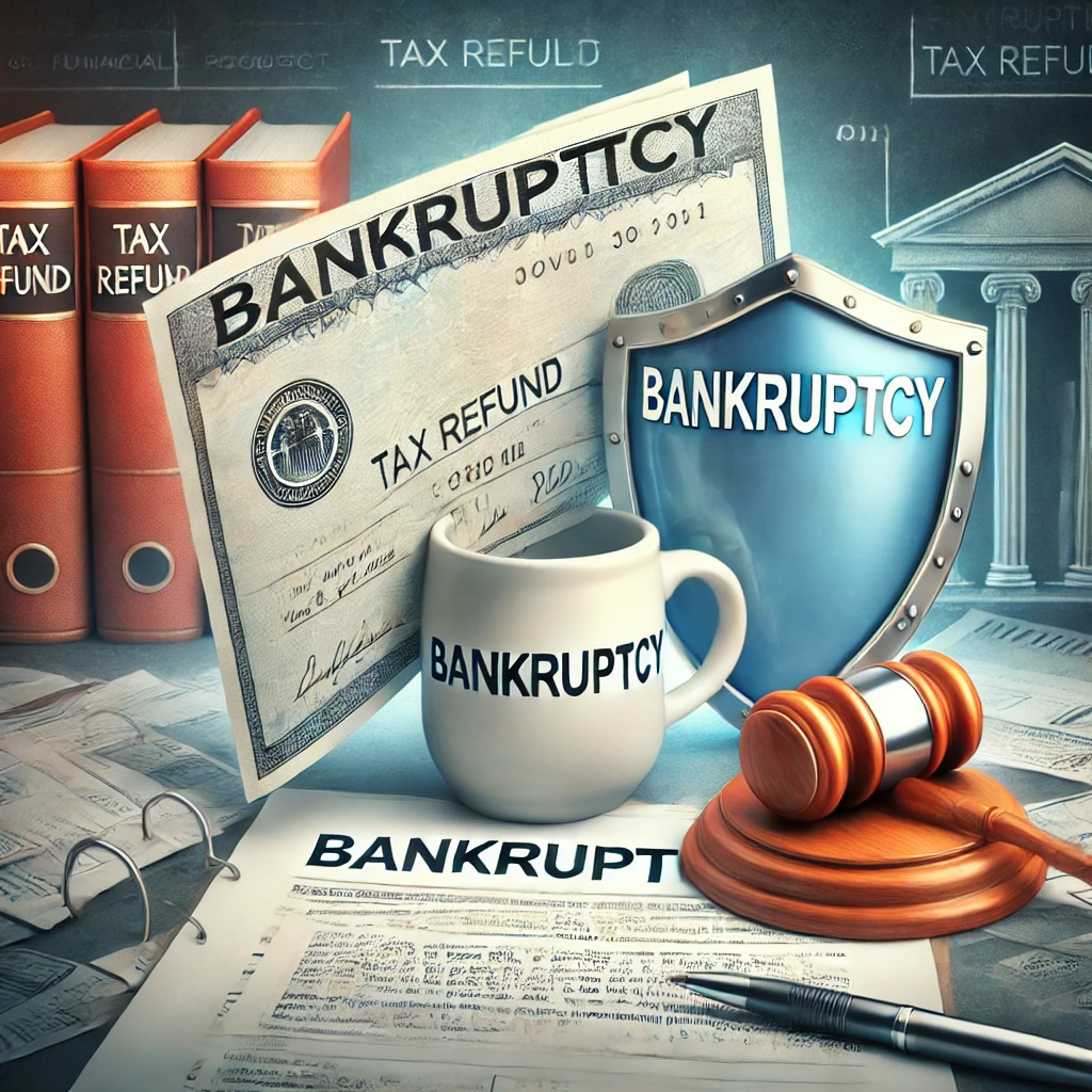 An illustration showing a tax refund check partially disappearing into a document labeled 'Bankruptcy,' with a gavel and law books nearby. A protective shield covers part of the refund, symbolizing financial protection. The background includes financial documents and a calculator.