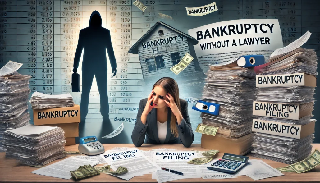 A stressed individual sits at a cluttered desk filled with legal paperwork labeled 'Bankruptcy Filing,' appearing overwhelmed and confused. In the background, a shadowy figure looms, symbolizing a bankruptcy trustee ready to seize assets like a house and a car, representing the risks of filing bankruptcy without a lawyer.