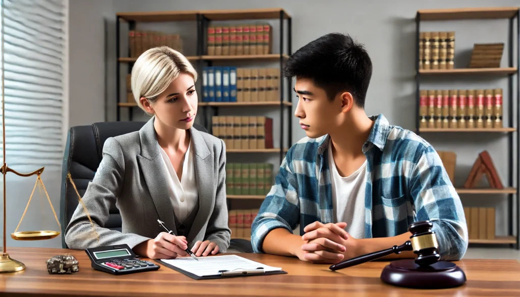 A professional bankruptcy attorney, a white woman in business attire, consults with an Asian client dressed in casual clothes. They are seated at a desk with legal documents, a gavel, and a calculator. The client appears concerned but hopeful, while the attorney provides guidance in a well-organized office with a bookshelf filled with law books.