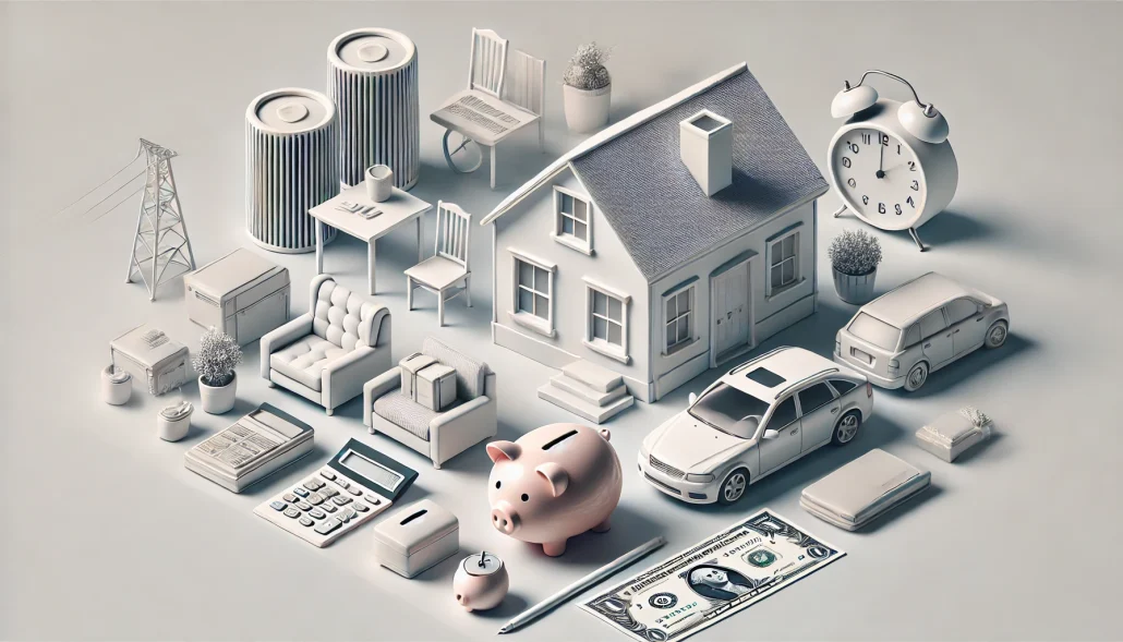 Illustration showing various personal assets including a house, car, piggy bank, bank account, and furniture—used to represent what must be disclosed in a bankruptcy case.