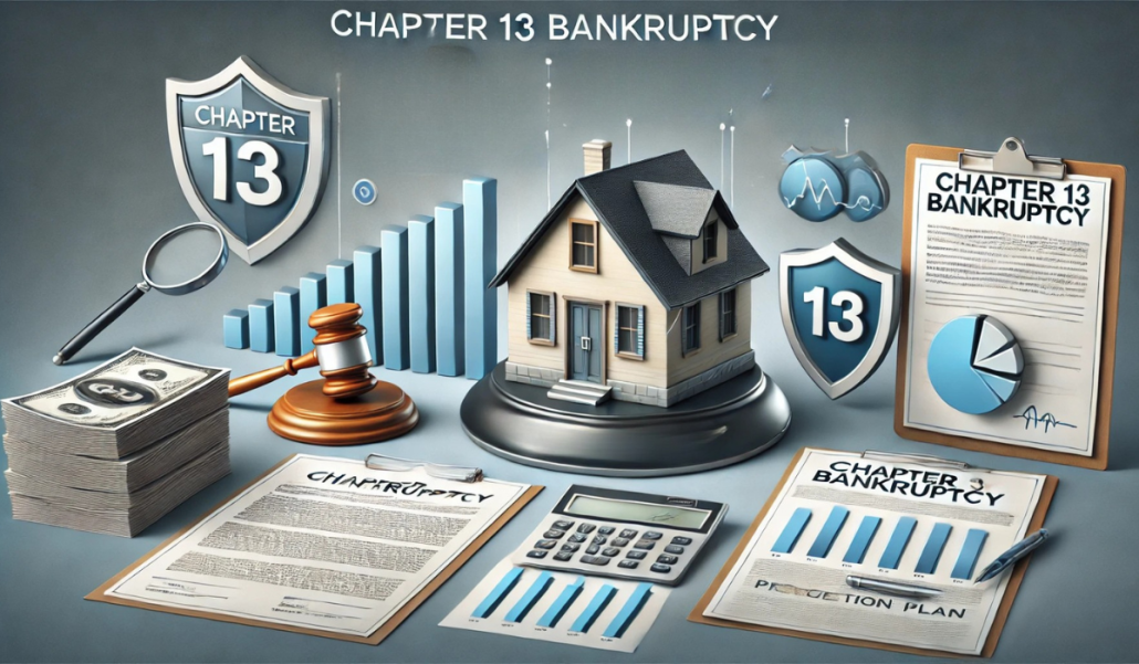 Illustration depicting Chapter 13 bankruptcy with legal documents, a judge’s gavel, a house with a shield symbolizing foreclosure protection, and a structured payment plan chart, set against a clean, professional background.