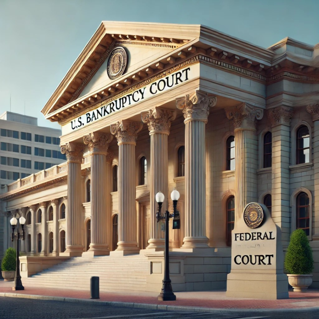 A classical-style federal courthouse in Virginia representing the U.S. Bankruptcy Court, featuring columns and an official plaque under a clear sky.