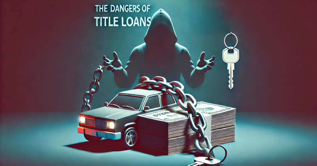 A car chained to a stack of overdue loan bills, symbolizing financial burden. In the background, a shadowy lender reaches for car keys, representing the risk of repossession. The dark and moody colors emphasize financial distress.