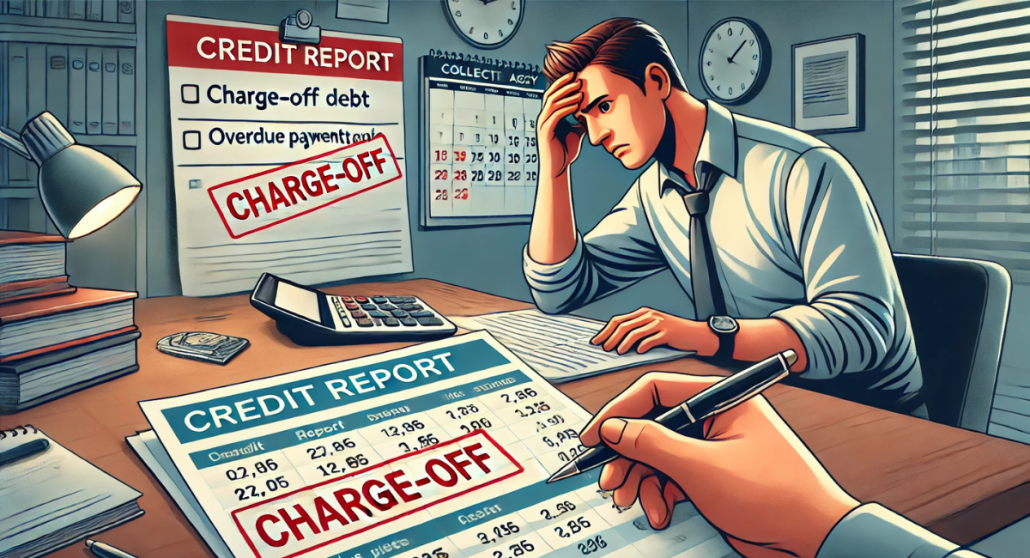 Charged-Off Debt: What It Really Means and Why You Still Owe It 2 A worried person reviewing a credit report with a "Charge-Off" notice highlighted in red. The scene includes overdue payment reminders, a collection agency letter, and financial documents in a home office setting, illustrating financial stress related to charged-off debt.
