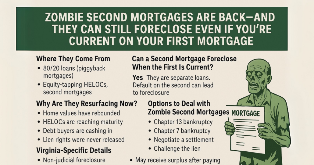 Infographic explaining zombie second mortgages. It highlights where they come from (80/20 loans and HELOCs), why they are resurfacing (home values rising, HELOC maturity, and debt buyers), and Virginia-specific foreclosure details. Options to deal with zombie mortgages include Chapter 13, Chapter 7, negotiating a settlement, or challenging the lien. An illustrated zombie is shown holding a mortgage document.