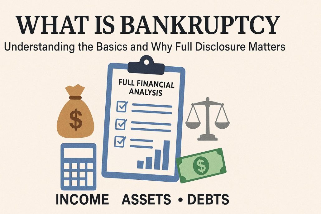 Flat-style infographic showing a clipboard labeled 'Full Financial Analysis,' surrounded by icons of a money bag, calculator, scales of justice, and cash, illustrating the key elements of bankruptcy: income, assets, and debts.