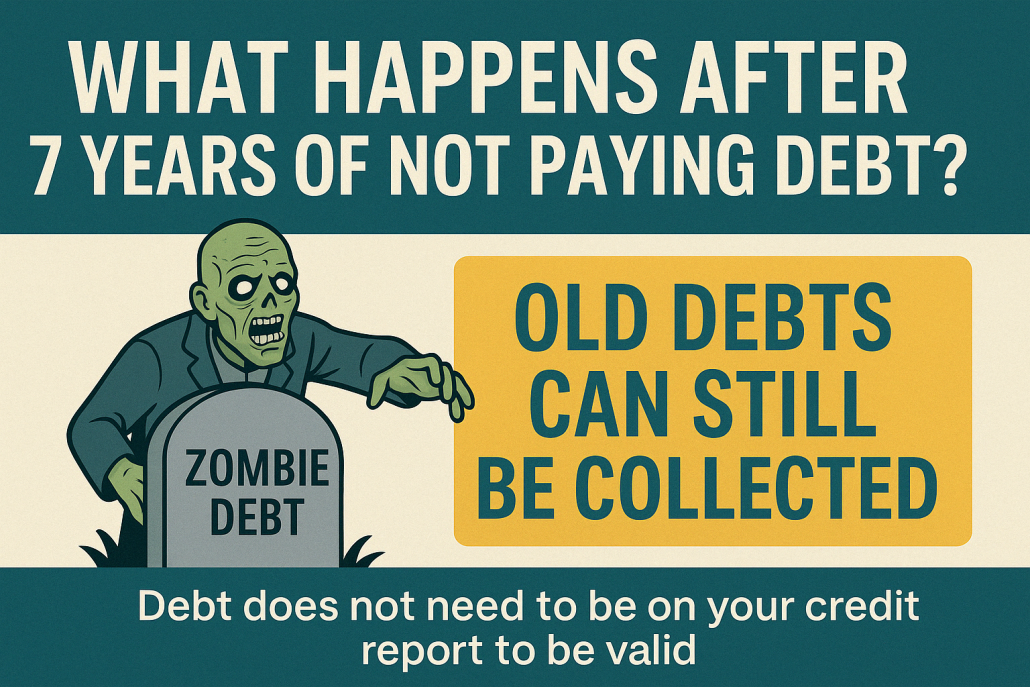 Cartoon image of a green zombie labeled “Zombie Debt” rising from a grave, with bold text reading “What Happens After 7 Years of Not Paying Debt?” and a yellow box stating “Old Debts Can Still Be Collected.”