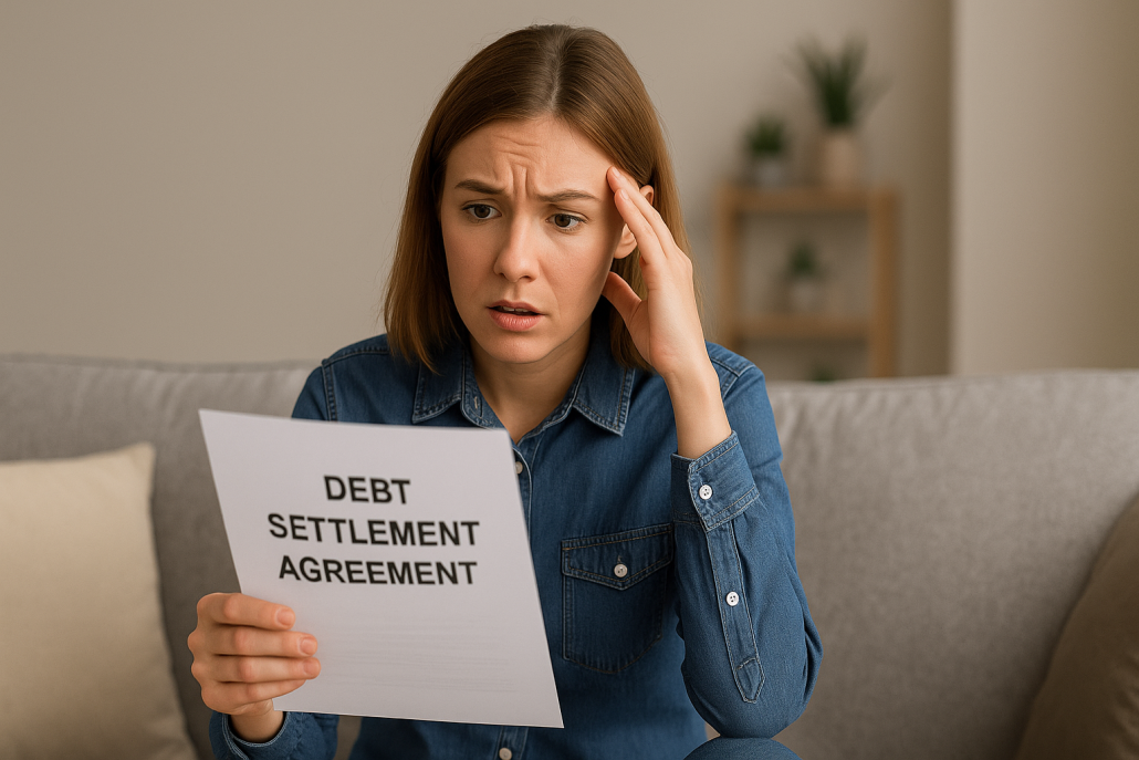 Young woman with light brown hair looking concerned while reading a debt settlement agreement on a couch in a neutral-toned living room.