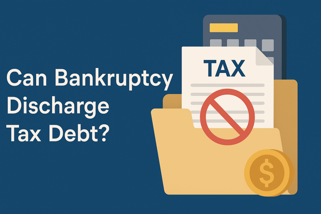 Flat-style digital illustration showing a folder labeled "TAX" with a tax document, calculator, and gold coin, with the text "Can Bankruptcy Discharge Tax Debt?" against a deep blue background.