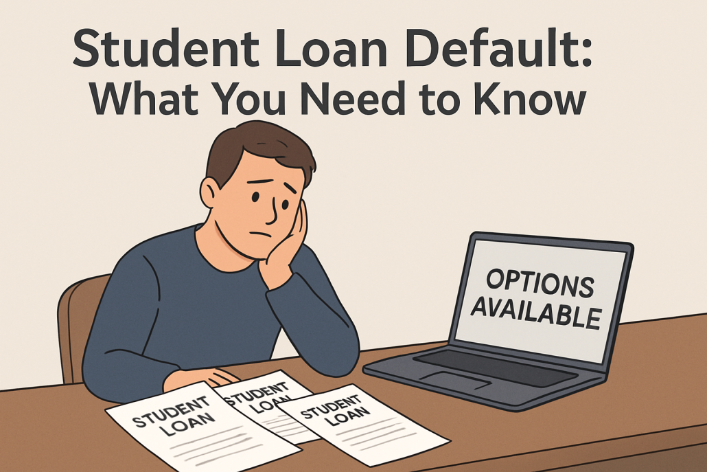 Concerned man sitting at a desk reviewing student loan bills with a laptop displaying "Options Available," representing student loan default solutions.