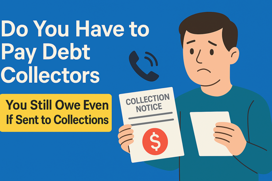 Concerned man holding a collection notice and paper, next to bold text reading “Do You Have to Pay Debt Collectors?” and a yellow banner stating “You Still Owe Even If Sent to Collections,” all on a blue background.