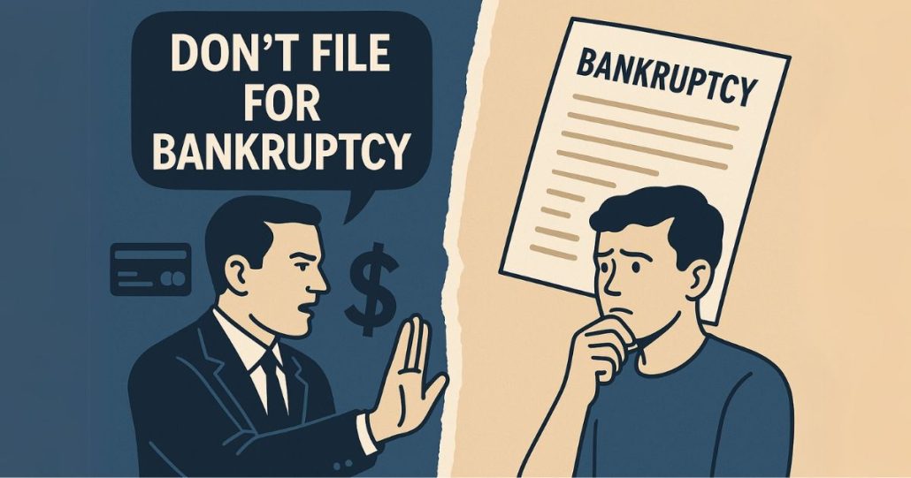 Illustration divided into two sections: a creditor in a dark suit gestures “stop” with a warning not to file bankruptcy on the left, while a worried debtor on the right contemplates a bankruptcy document and financial chart.