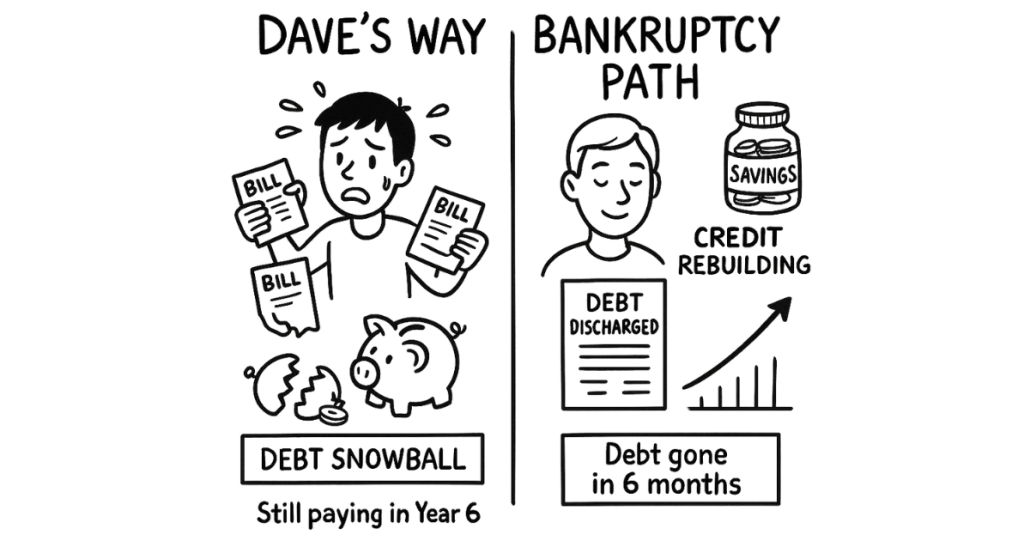 Hand-drawn whiteboard-style illustration comparing Dave Ramsey’s debt snowball method with the bankruptcy path. The left side shows a stressed person juggling bills over 6 years, while the right side shows a relieved person with debt discharged in 6 months, rebuilding credit and savings.