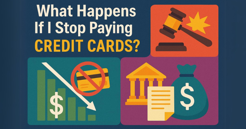 Colorful digital illustration showing the consequences of not paying credit card debt, including credit score drop, legal action, wage garnishment, and bankruptcy options.