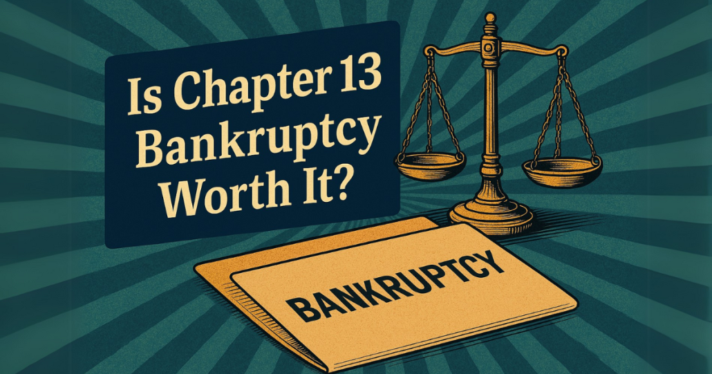 Illustrated graphic asking “Is Chapter 13 Bankruptcy Worth It?” with vintage golden scales and a manila folder labeled "BANKRUPTCY" on a textured, sunburst background in blue and teal.