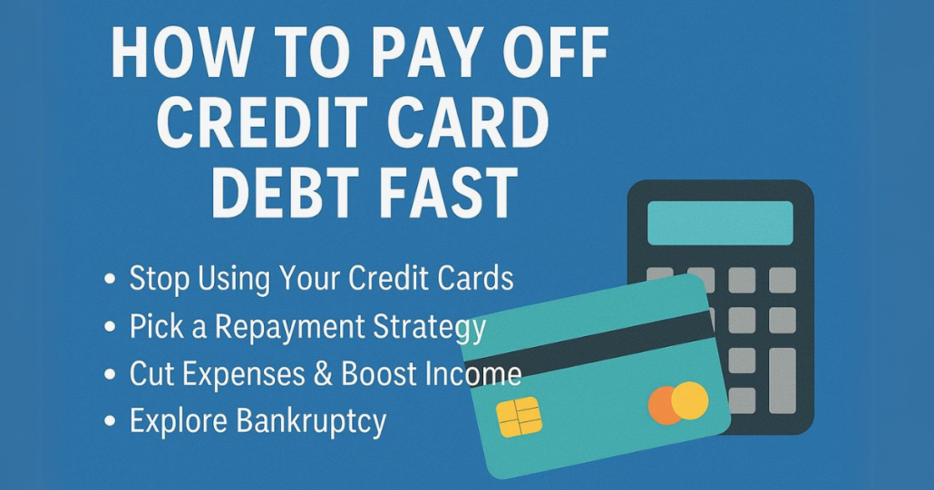 Flat-style graphic with a credit card and calculator showing tips to pay off credit card debt fast, including stopping card use, choosing a payoff strategy, cutting expenses, and exploring bankruptcy.