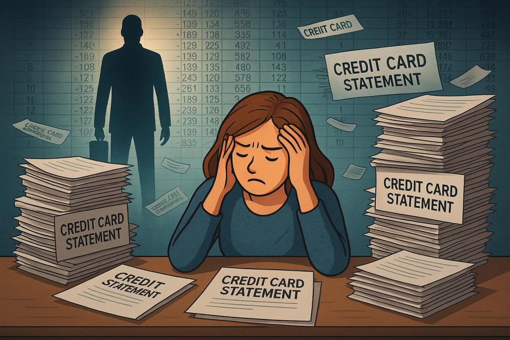 Illustration of a stressed woman sitting at a desk surrounded by piles of credit card statements, with a shadowy figure in the background symbolizing financial pressure.