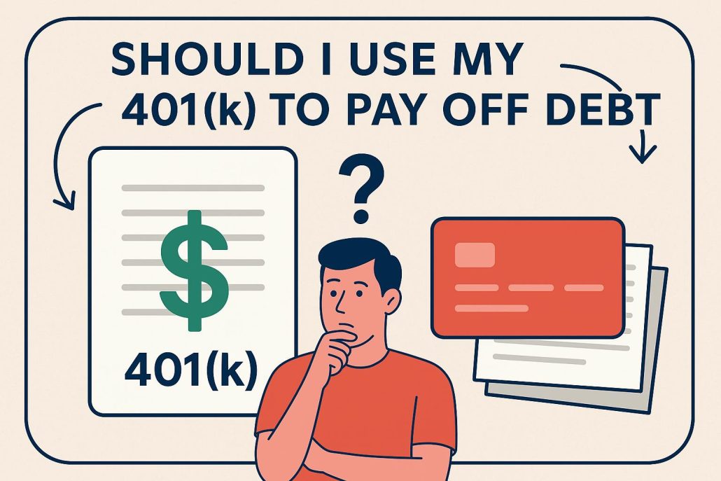 A digital illustration shows a man thinking about whether to use his 401(k) to pay off debt. The image features a 401(k) document on one side, a credit card labeled "DEBT" on the other, and the question "Should I use my 401(k) to pay off debt?" at the top.