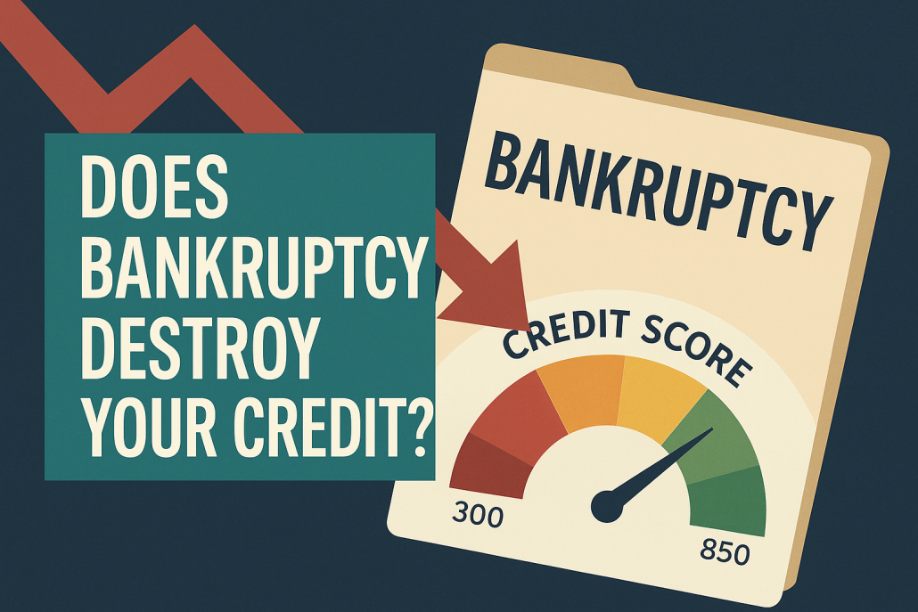 Illustration showing a bankruptcy file and a credit score gauge, with an arrow pointing to an average credit score around 600, asking 'Does bankruptcy destroy your credit?