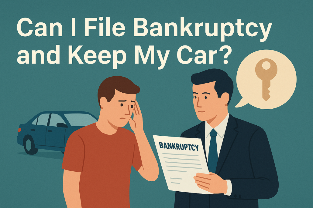 Illustration of a concerned man asking a bankruptcy attorney if he can keep his car, with text "Can I File Bankruptcy and Keep My Car?" and a car and key icon in the background.