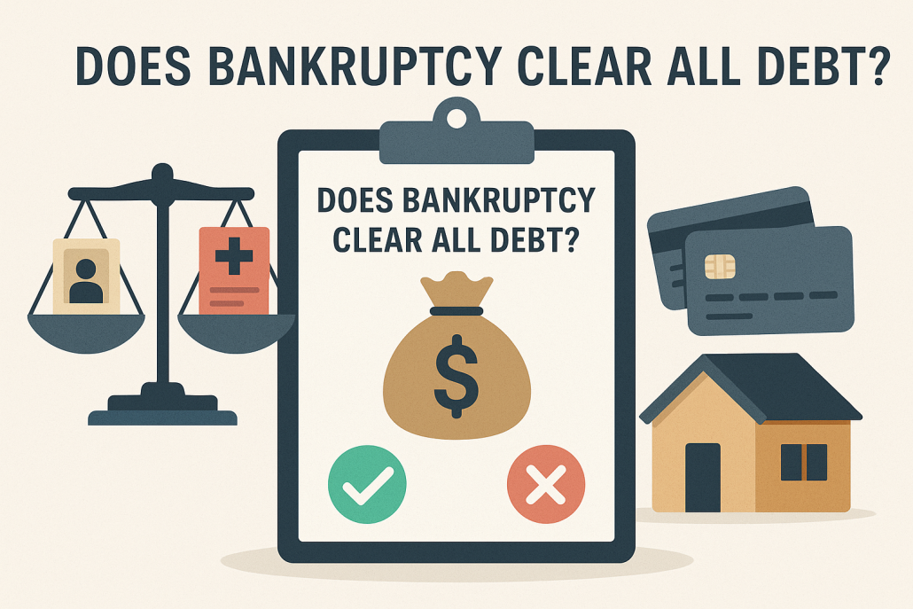 Illustration featuring the question “Does Bankruptcy Clear All Debt?” with icons representing credit cards, a house, medical bills, and a balanced scale—highlighting the types of debt bankruptcy may or may not eliminate.