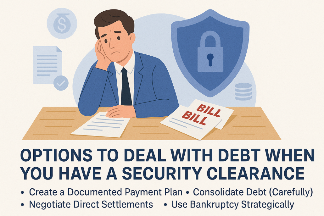 Illustration of a man in a suit sitting at a desk with bills and financial documents, looking stressed. Behind him is a security shield with a padlock icon, symbolizing security clearance. Text below lists debt relief options: payment plan, settlement, consolidation, and bankruptcy.
