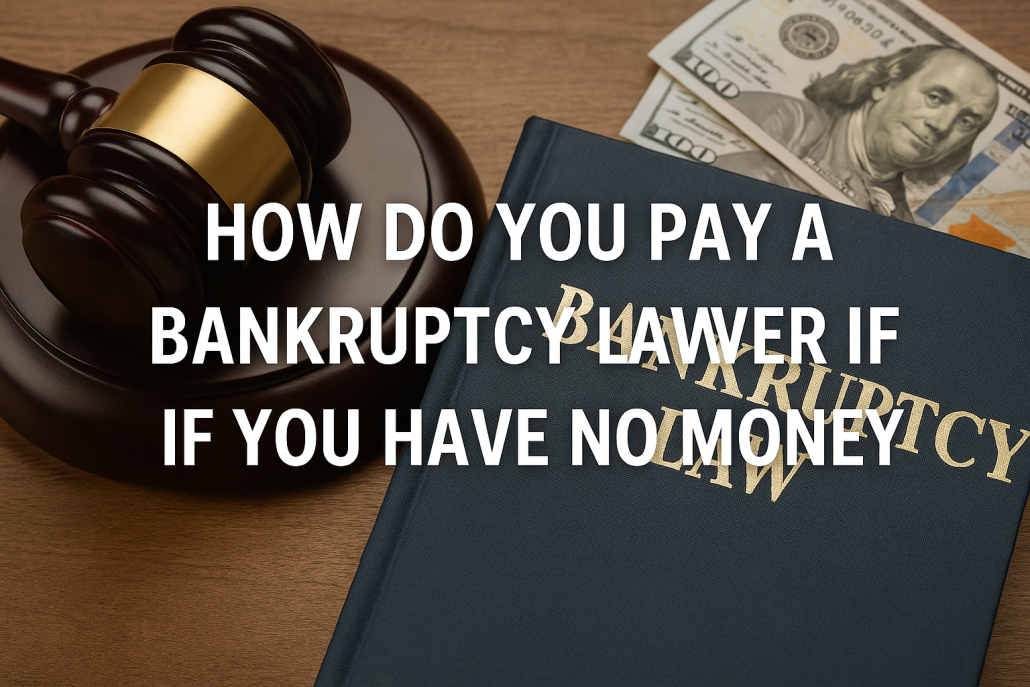 Gavel resting on a bankruptcy law book with hundred-dollar bills in the background; overlaid text reads, "How do you pay a bankruptcy lawyer if you have no money?"