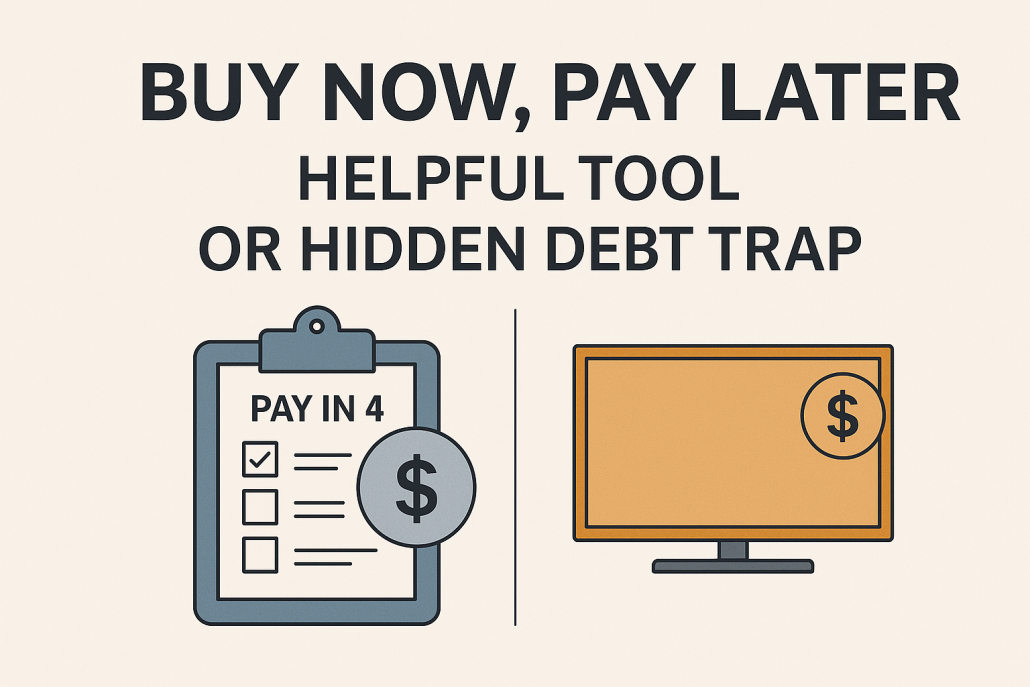 Minimalist horizontal infographic with the title “Buy Now, Pay Later: Helpful Tool or Hidden Debt Trap?” featuring a “Pay in 4” clipboard and a dollar-sign screen icon to represent BNPL choices.