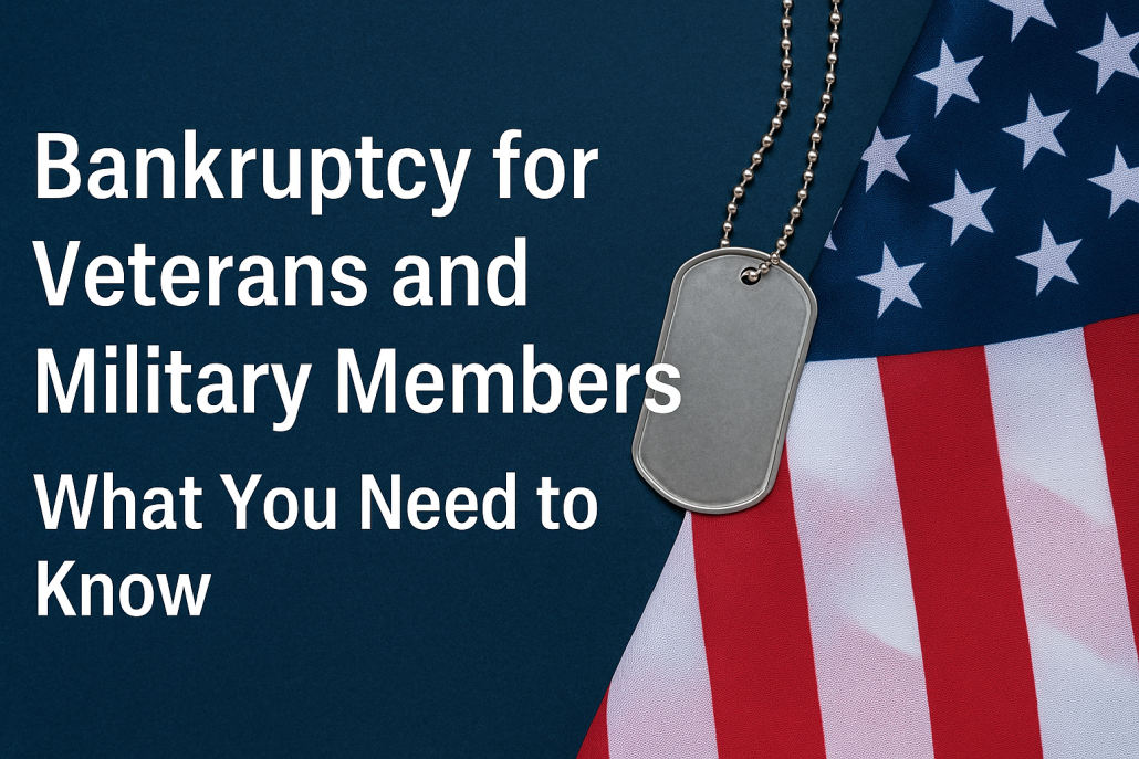 Folded American flag with silver military dog tags and bold white text reading “Bankruptcy for Veterans and Military Members: What You Need to Know” on a dark blue background.