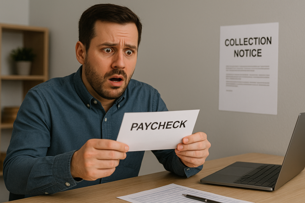 A stressed man reviewing his pay stub while sitting at a desk, looking shocked or frustrated. In the background is a notice labeled “Collection Notice.”
