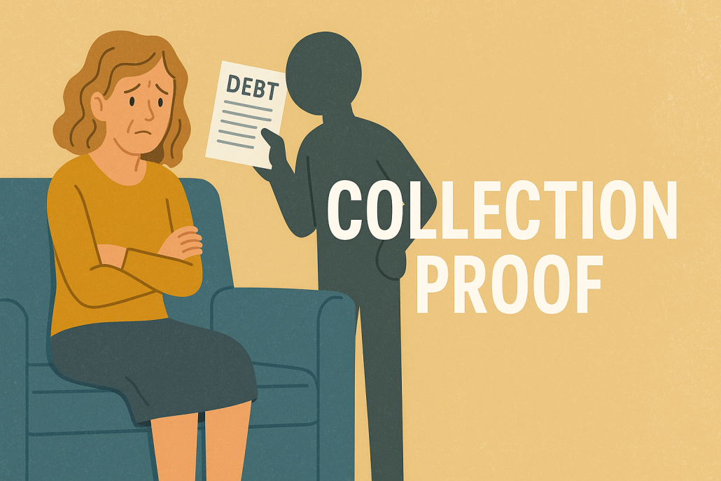 Illustration of a worried woman sitting on a sofa while a shadowy debt collector holds a “DEBT” paper beside the words “COLLECTION PROOF.”