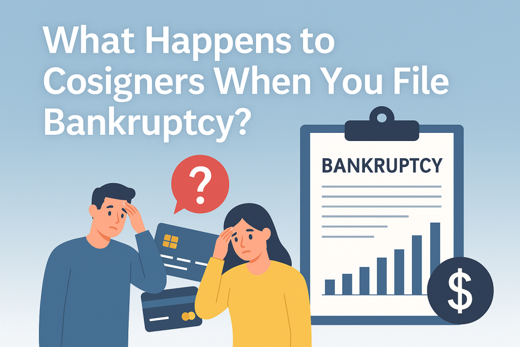 Concerned man and woman look worried next to credit cards and a bankruptcy document with a question mark above them, illustrating cosigner concerns during bankruptcy.