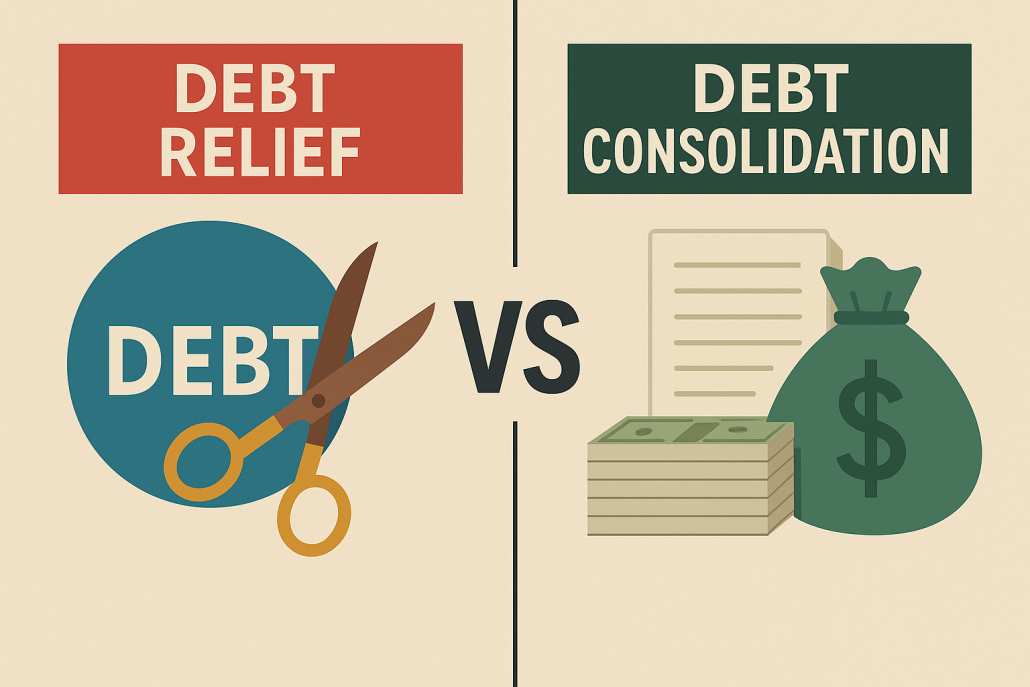 Split-screen illustration showing debt relief with scissors cutting the word “DEBT” on the left, and debt consolidation with paperwork, cash, and a money bag on the right, separated by a “VS” in the center.