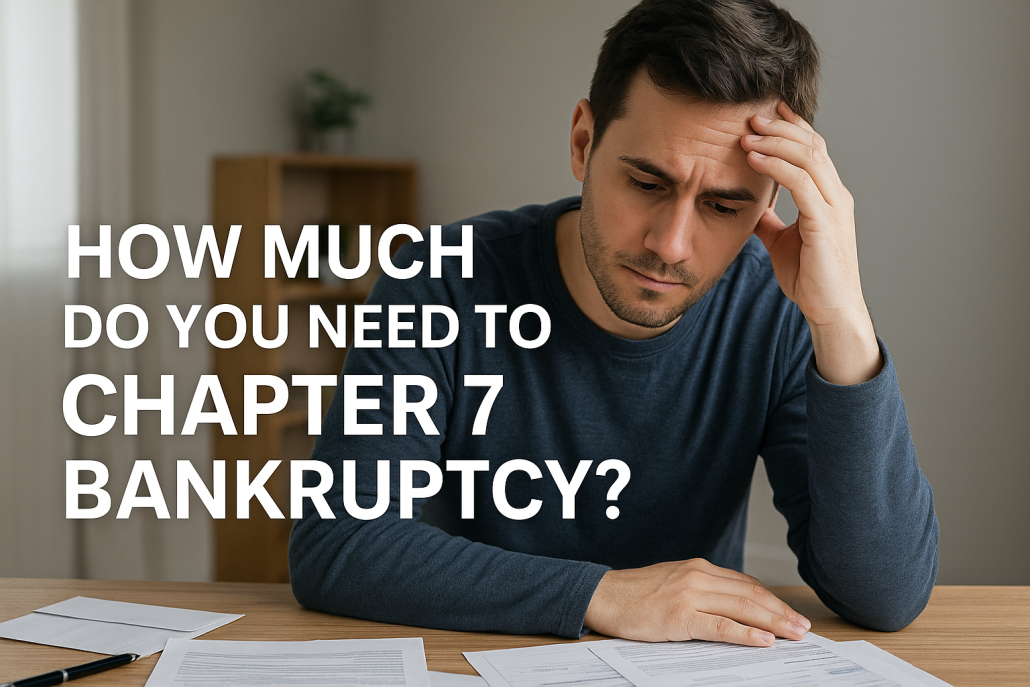 Person reviewing bills and considering bankruptcy as a financial option