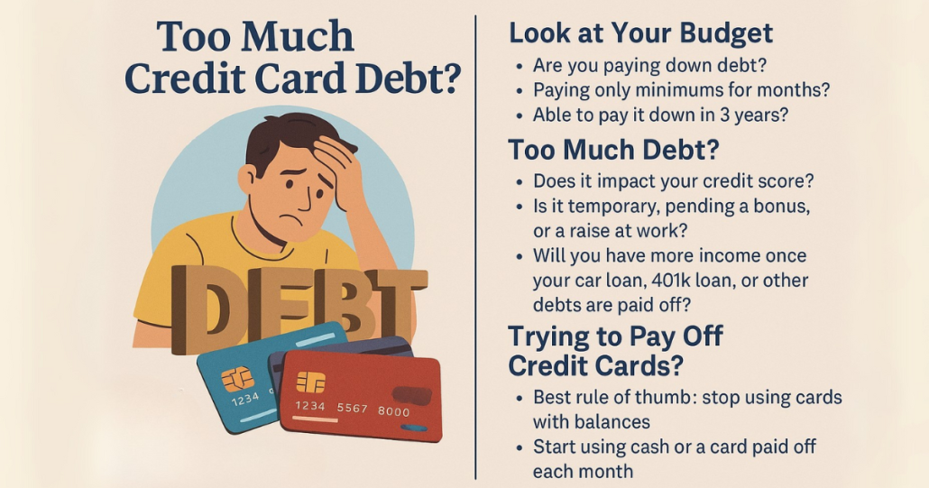 Infographic titled "Too Much Credit Card Debt?" showing a worried man with credit cards and debt signage. The right side includes tips about budgeting, credit score impact, and a rule of thumb for paying off credit cards.