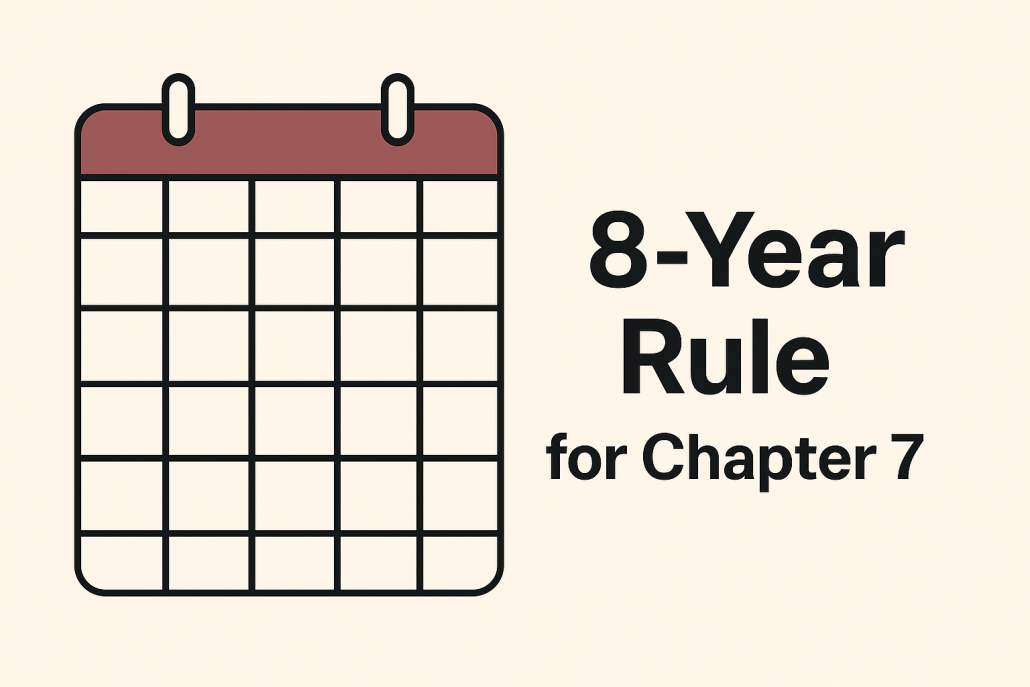 Minimalist horizontal image showing a blank calendar with the text “8-Year Rule for Chapter 7” beside it, symbolizing the required waiting period between Chapter 7 bankruptcy filings.