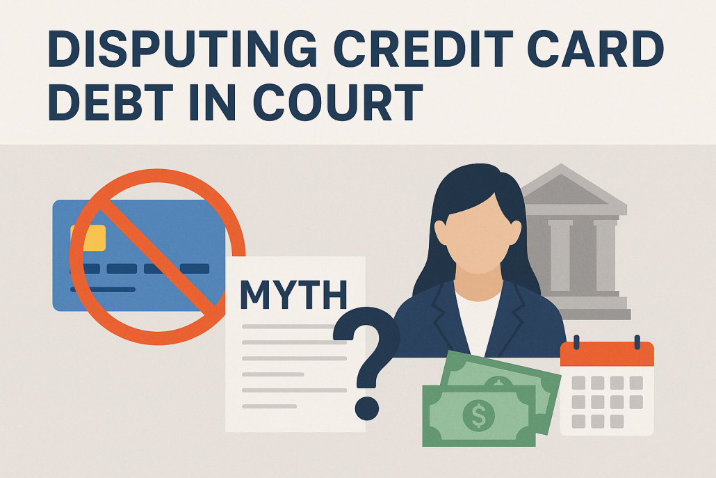 Horizontal infographic titled “Disputing Credit Card Debt in Court” showing a crossed-out credit card, a legal professional in front of a courthouse, a “Myth” document, cash, and a calendar, representing court, defenses, and settlement options.