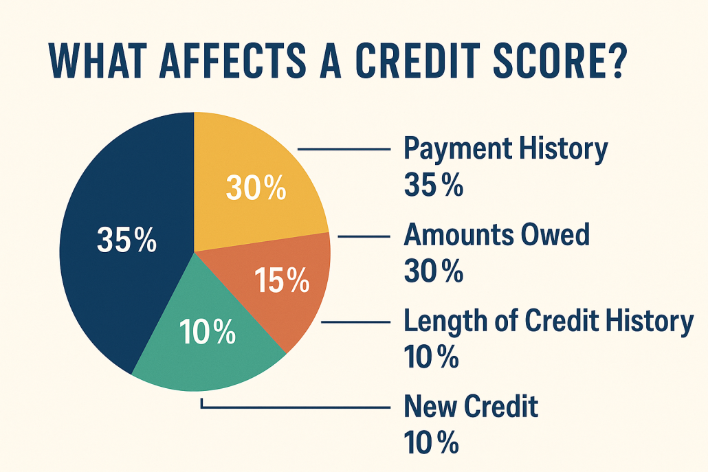 Pie chart showing the five main factors that affect a credit score: Payment History (35%), Amounts Owed (30%), Length of Credit History (15%), Credit Mix (10%), and New Credit (10%).