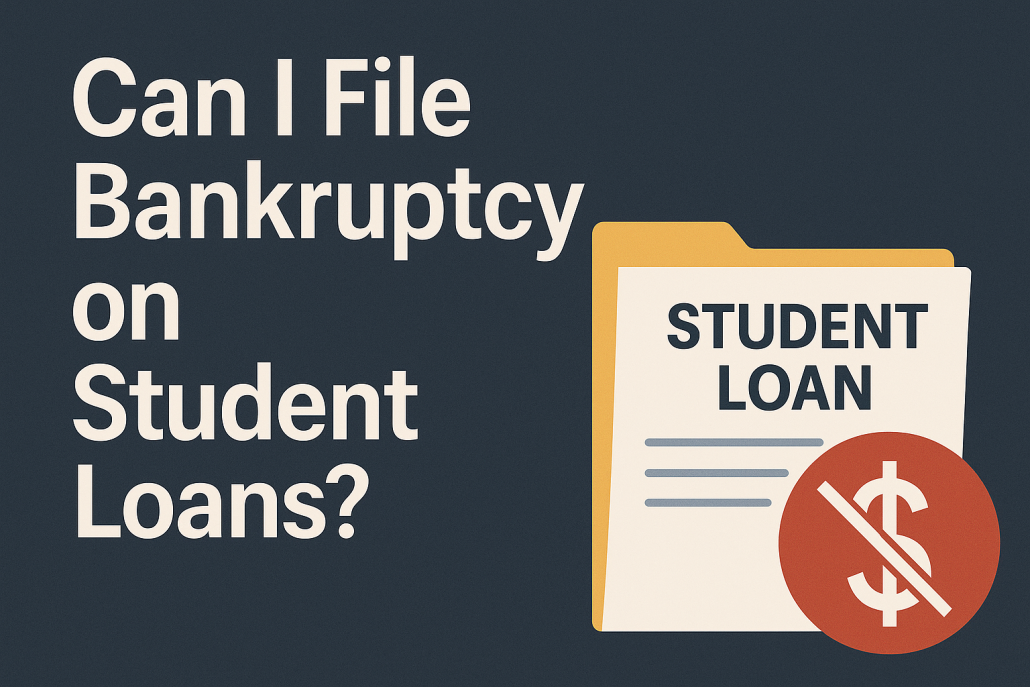 Illustration of a folder labeled “Student Loan” with a red crossed-out dollar sign icon, next to bold text reading “Can I File Bankruptcy on Student Loans?” on a dark blue background.