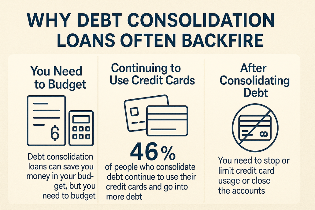 Rounded-corner infographic titled "Why Debt Consolidation Loans Often Backfire," with clean visuals and navy icons emphasizing the need to budget, avoid credit card reuse (46% do not), and stop card use after consolidation.