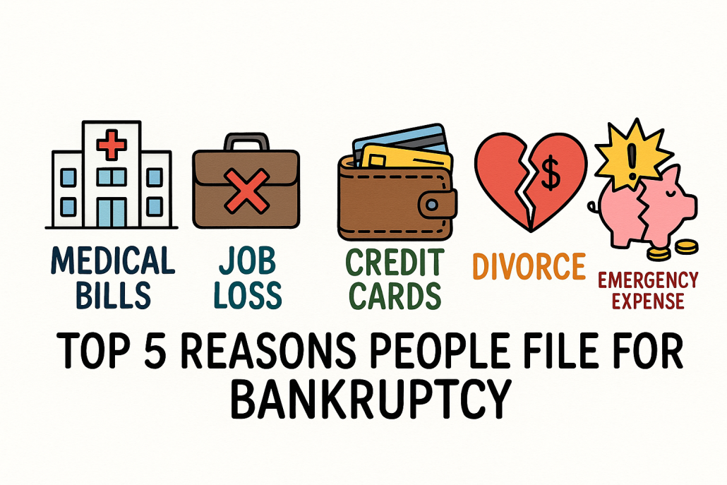Whiteboard-style image showing icons for medical bills, job loss, credit card debt, divorce, and emergency expenses, labeled “Top 5 Reasons People File for Bankruptcy.”
